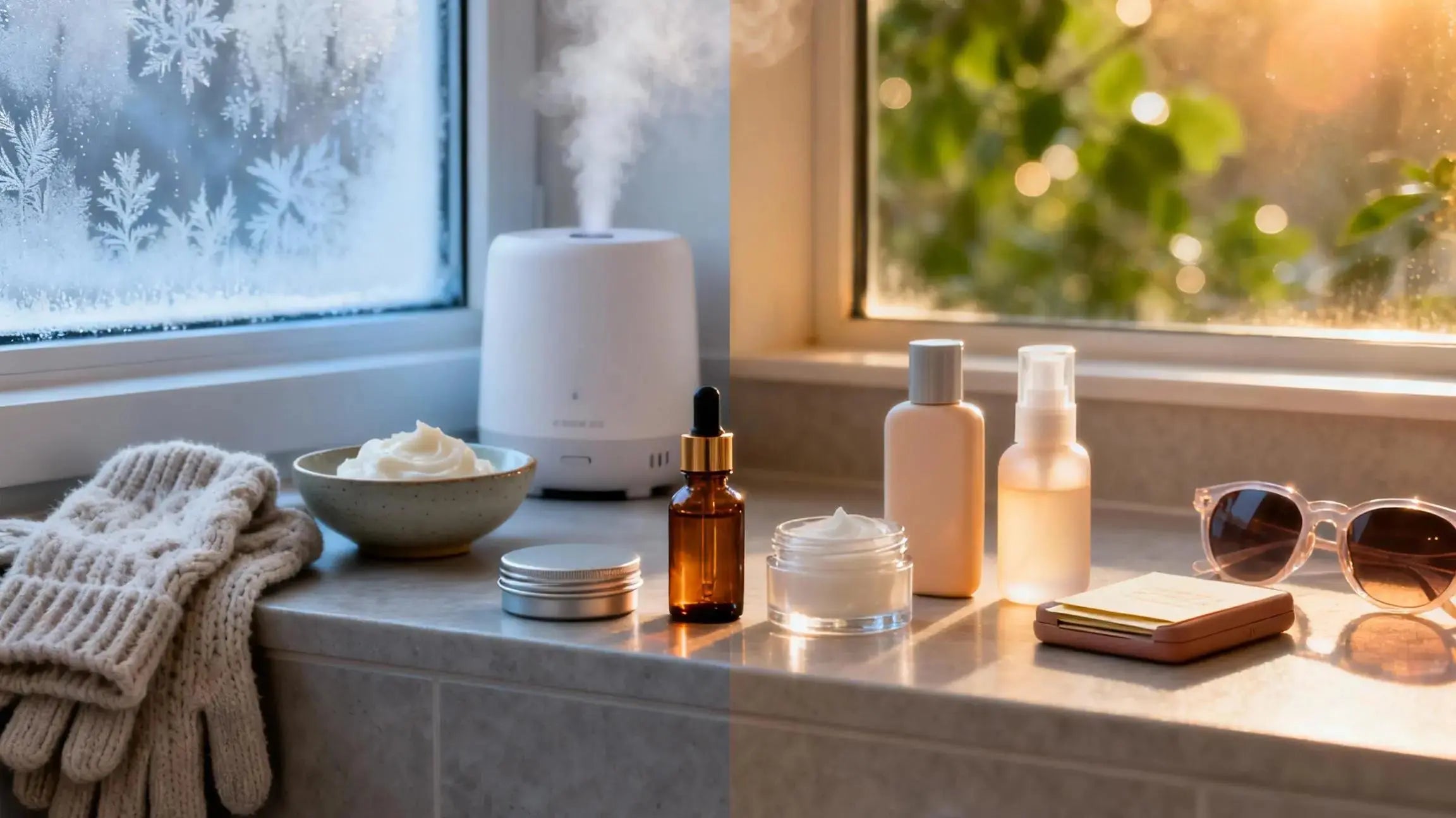 Cover photo: cold weather vs warm weather skincare tips comparing routines and products