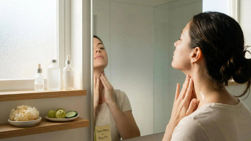 Woman demonstrating exercises on how to keep your neck and jawline lifted and youthful
