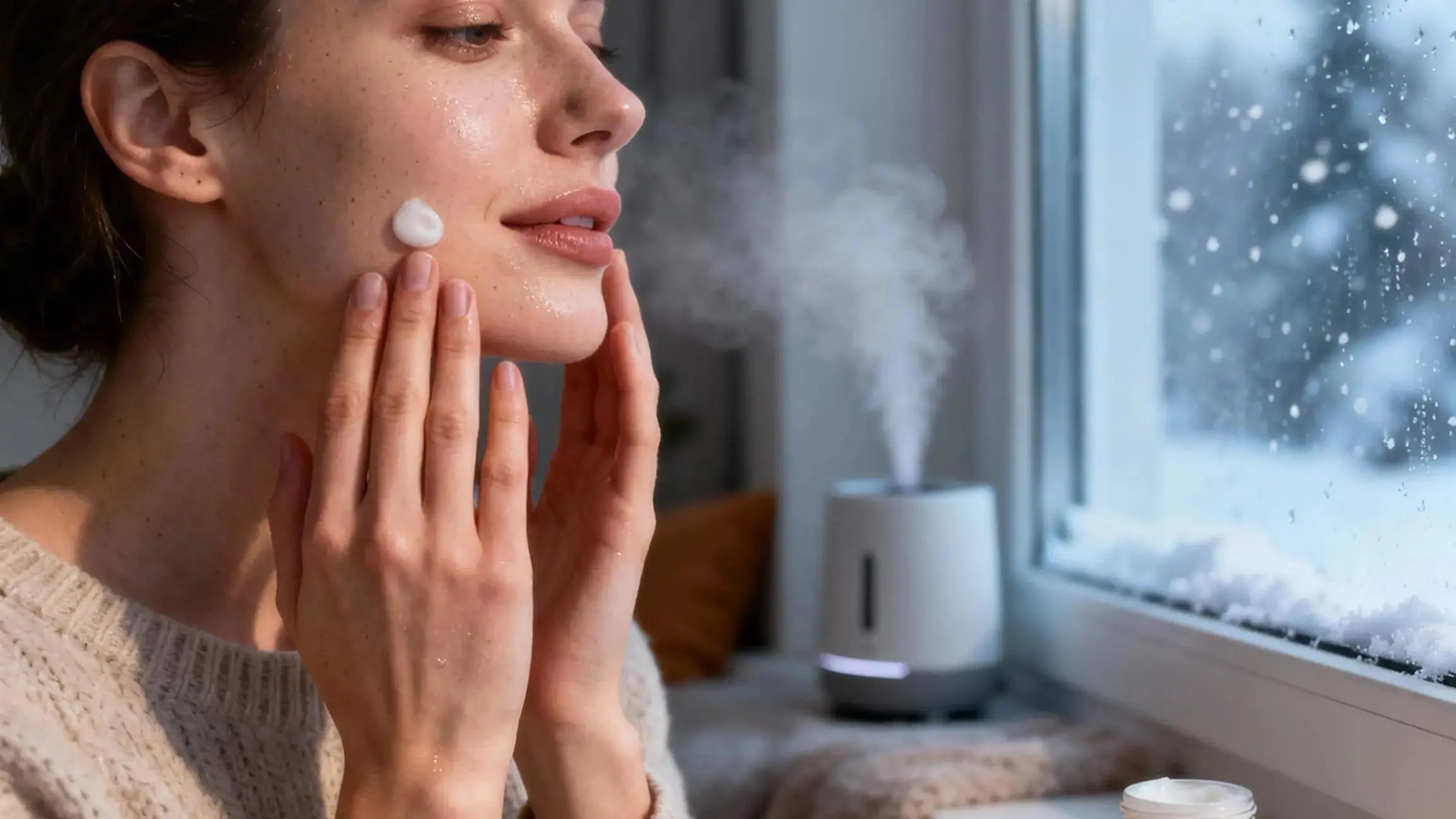 Woman applying moisturizer, winter skincare environmental stressors protection against cold and wind
